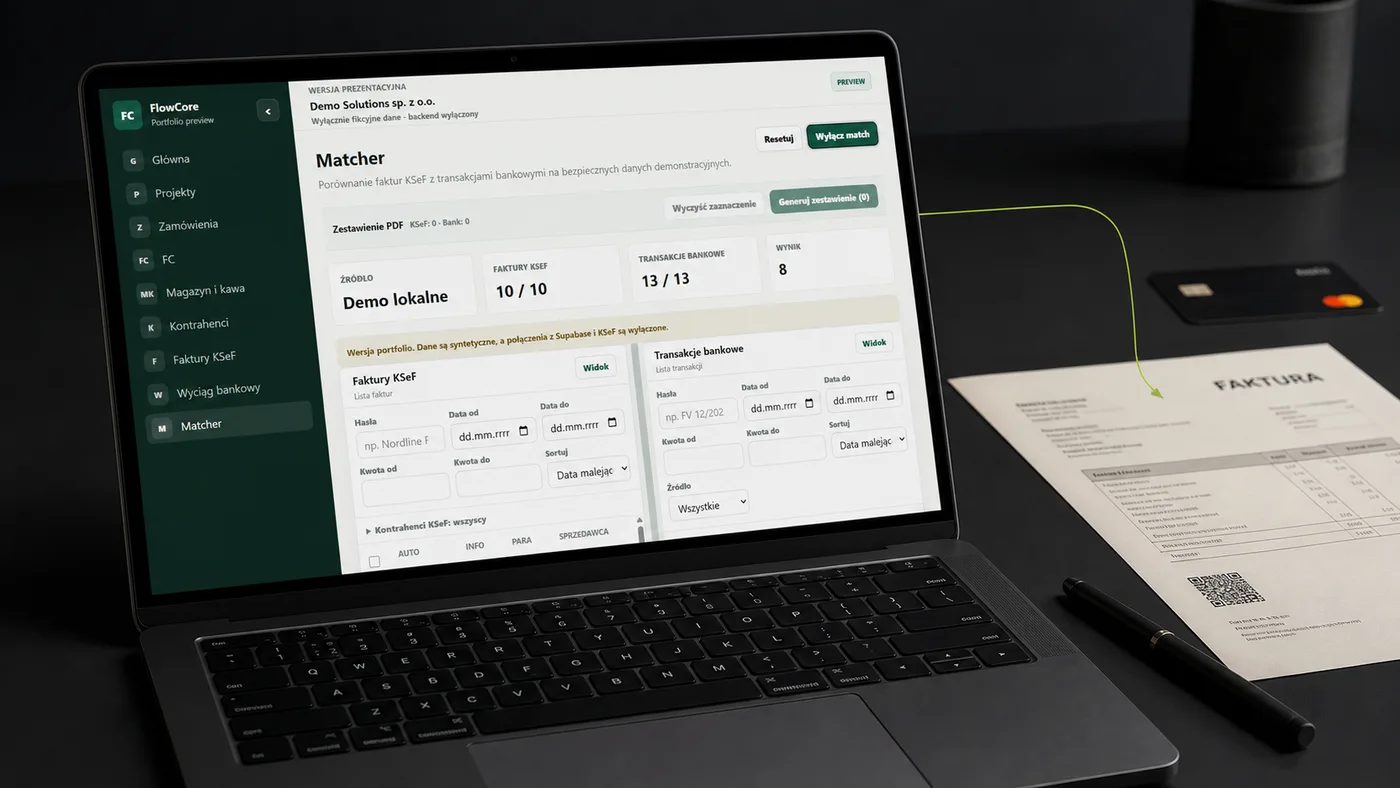 Obieg faktur KSeF pokazany w mockupie systemu FlowCore