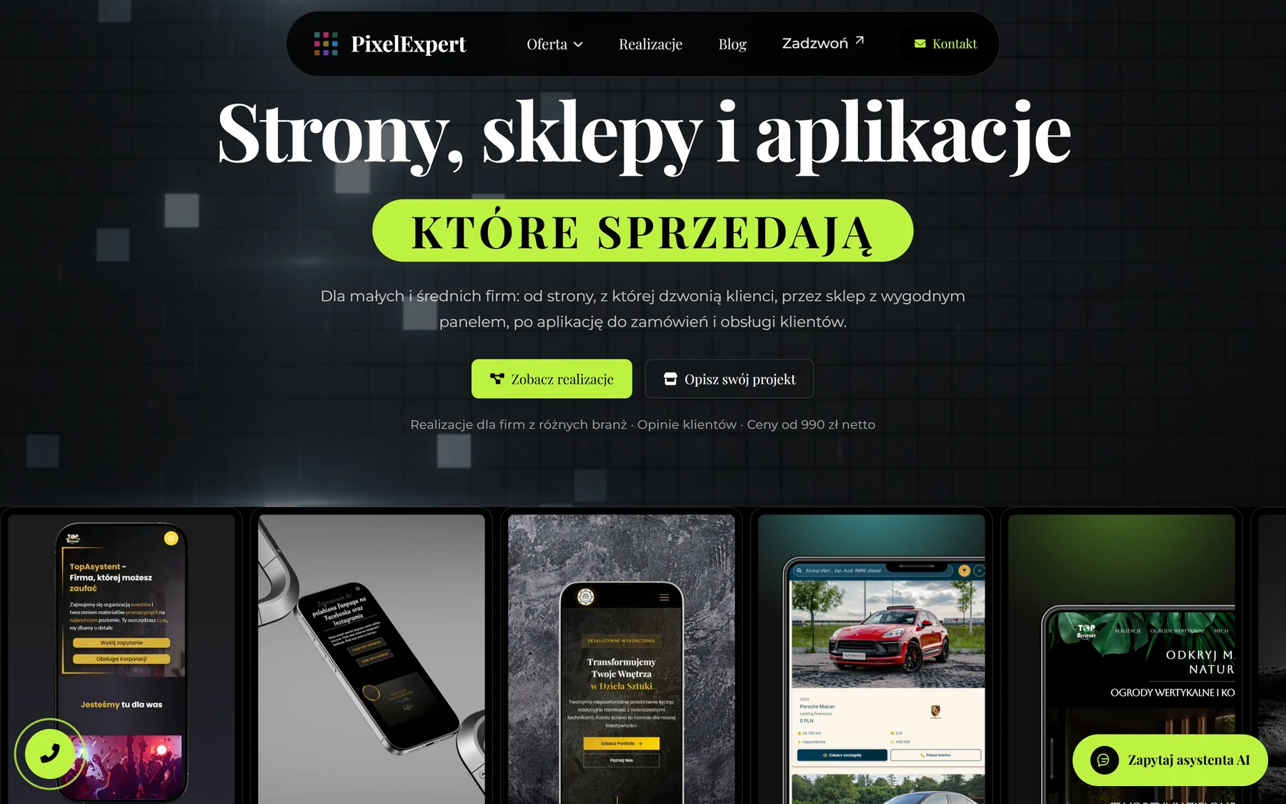 Asystent AI — zamknięty dymek na stronie głównej, desktop