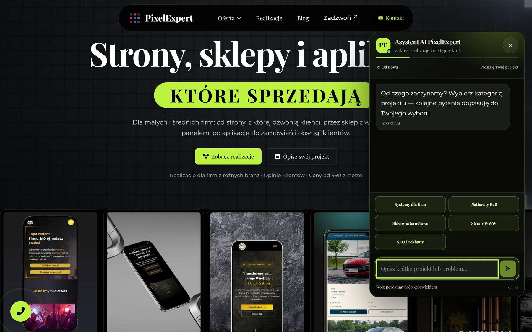 Asystent AI — powitanie i wybór kategorii, desktop