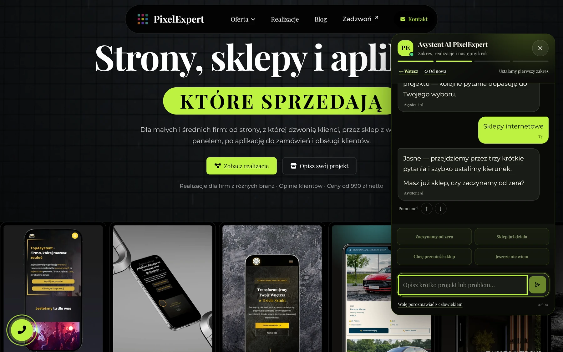 Asystent AI — pytanie diagnostyczne z szybkimi odpowiedziami, desktop