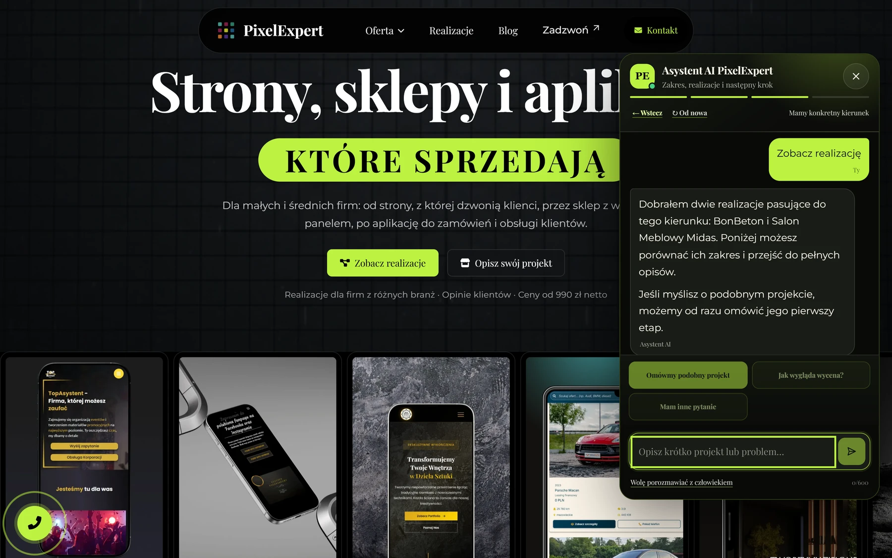 Asystent AI — dopasowane karty realizacji, desktop