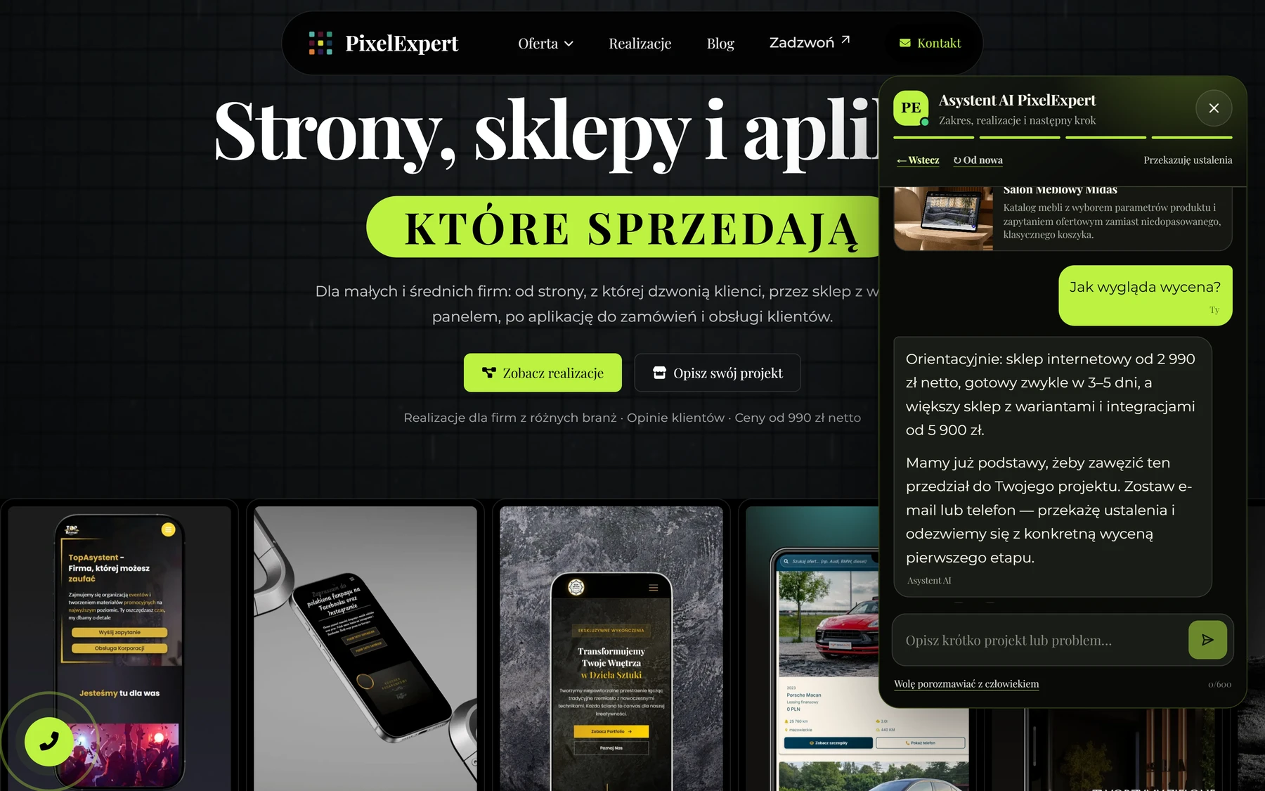 Asystent AI — odpowiedź z wyceną, desktop