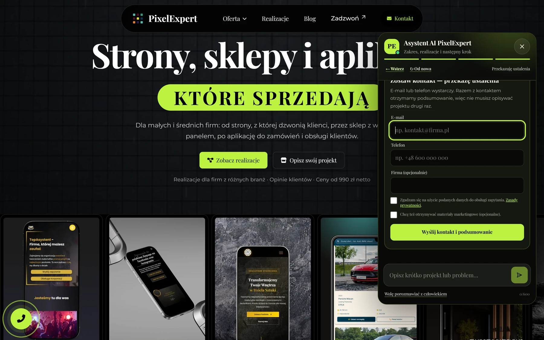 Asystent AI — formularz kontaktowy, desktop