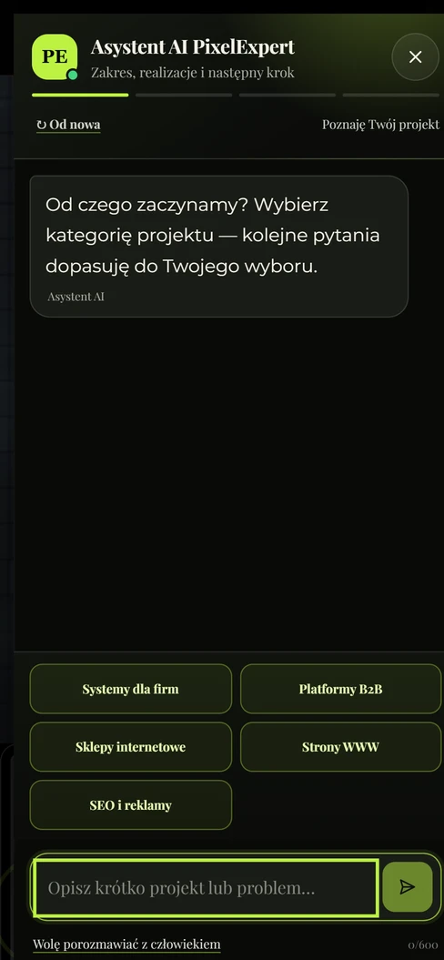 Asystent AI — powitanie i wybór kategorii, telefon