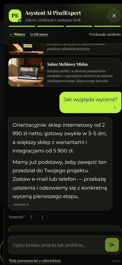 Asystent AI — odpowiedź z wyceną, telefon