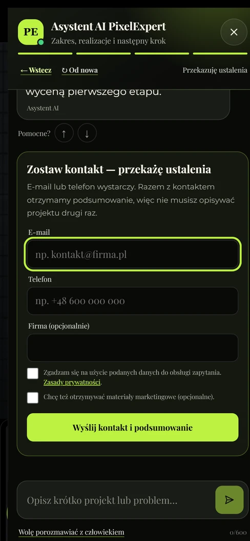 Asystent AI — formularz kontaktowy, telefon