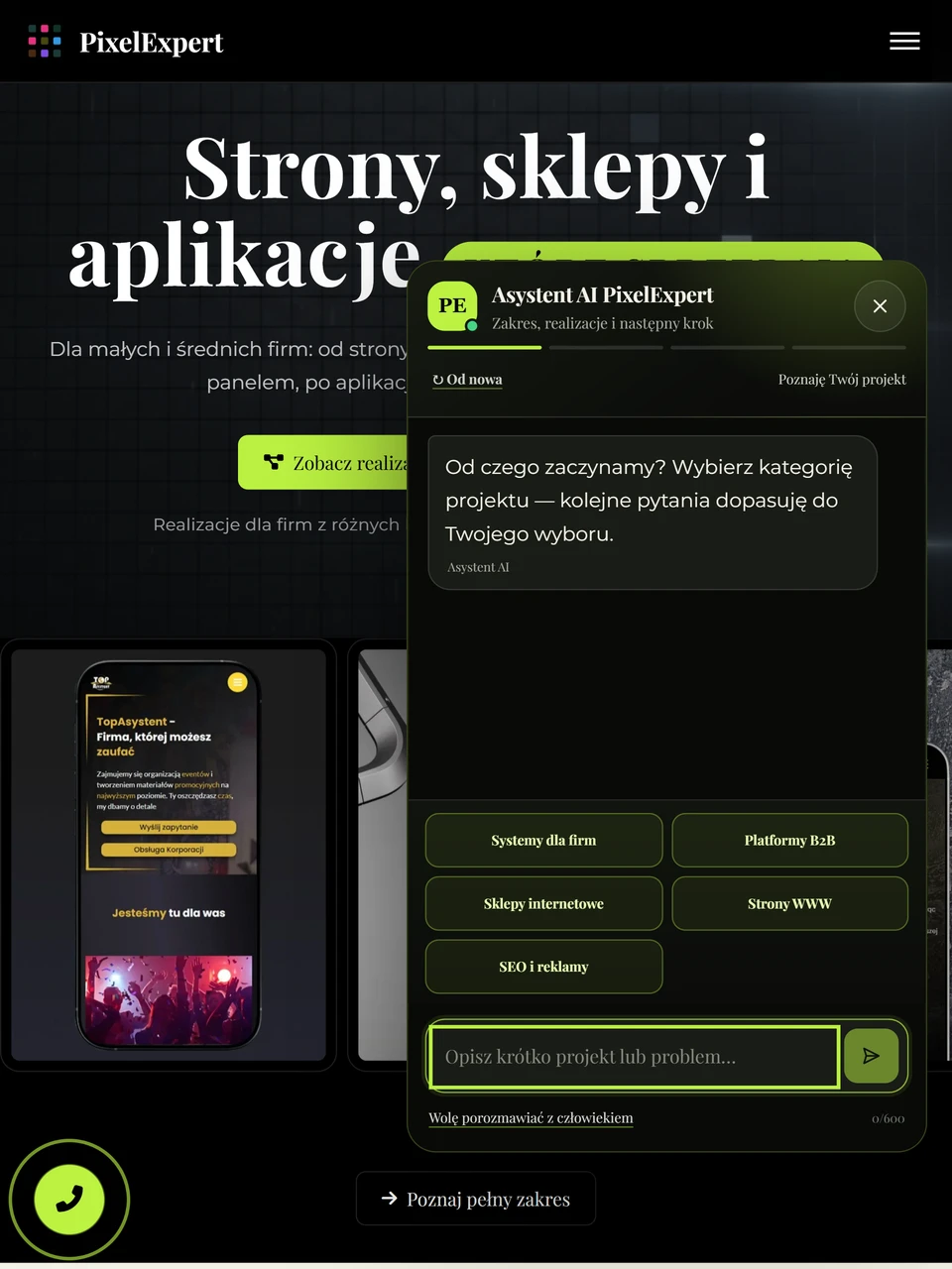 Asystent AI — powitanie i wybór kategorii, tablet