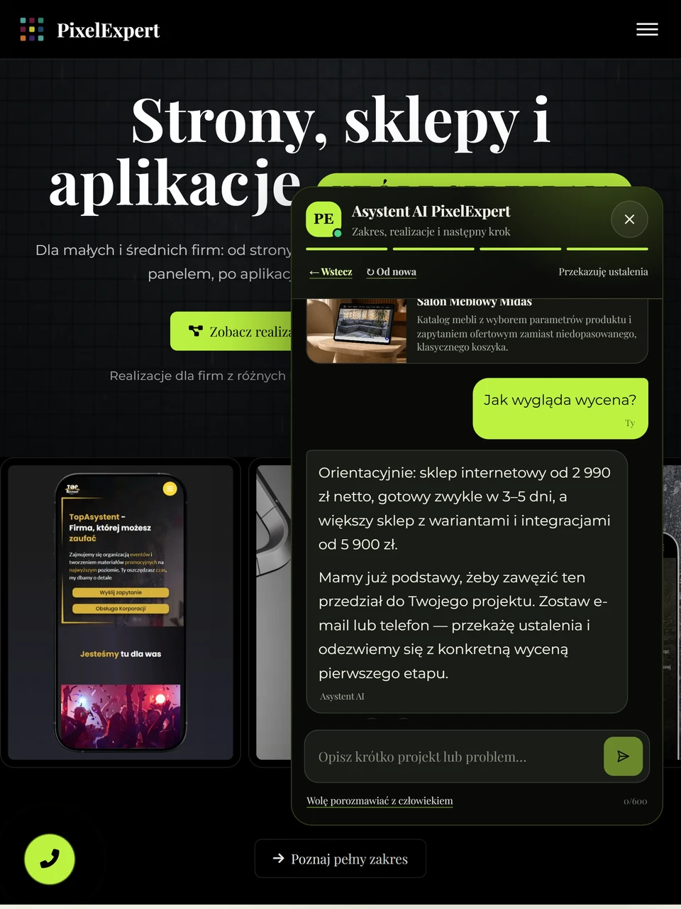 Asystent AI — odpowiedź z wyceną, tablet