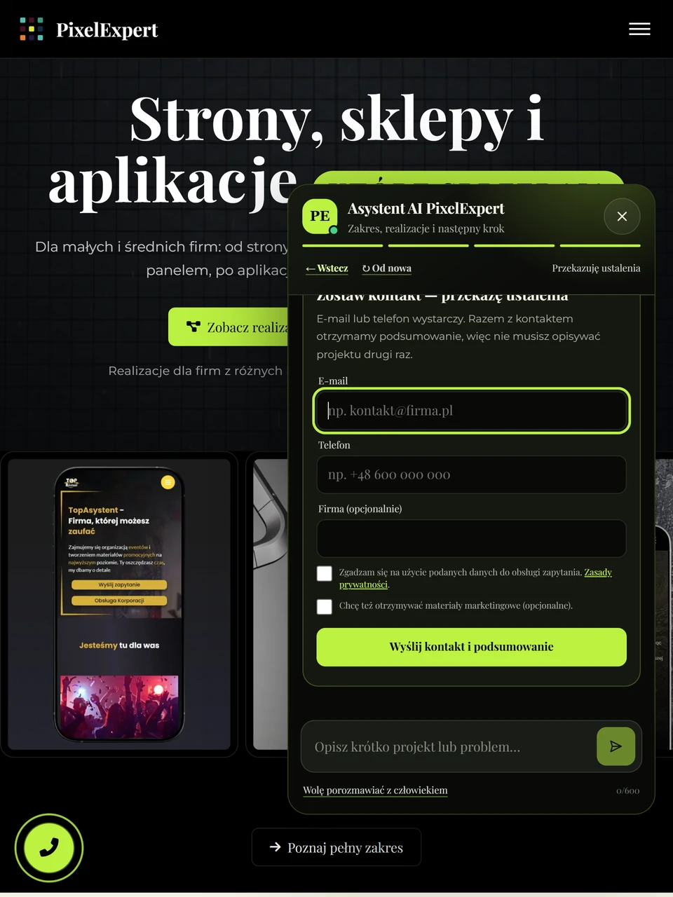 Asystent AI — formularz kontaktowy, tablet