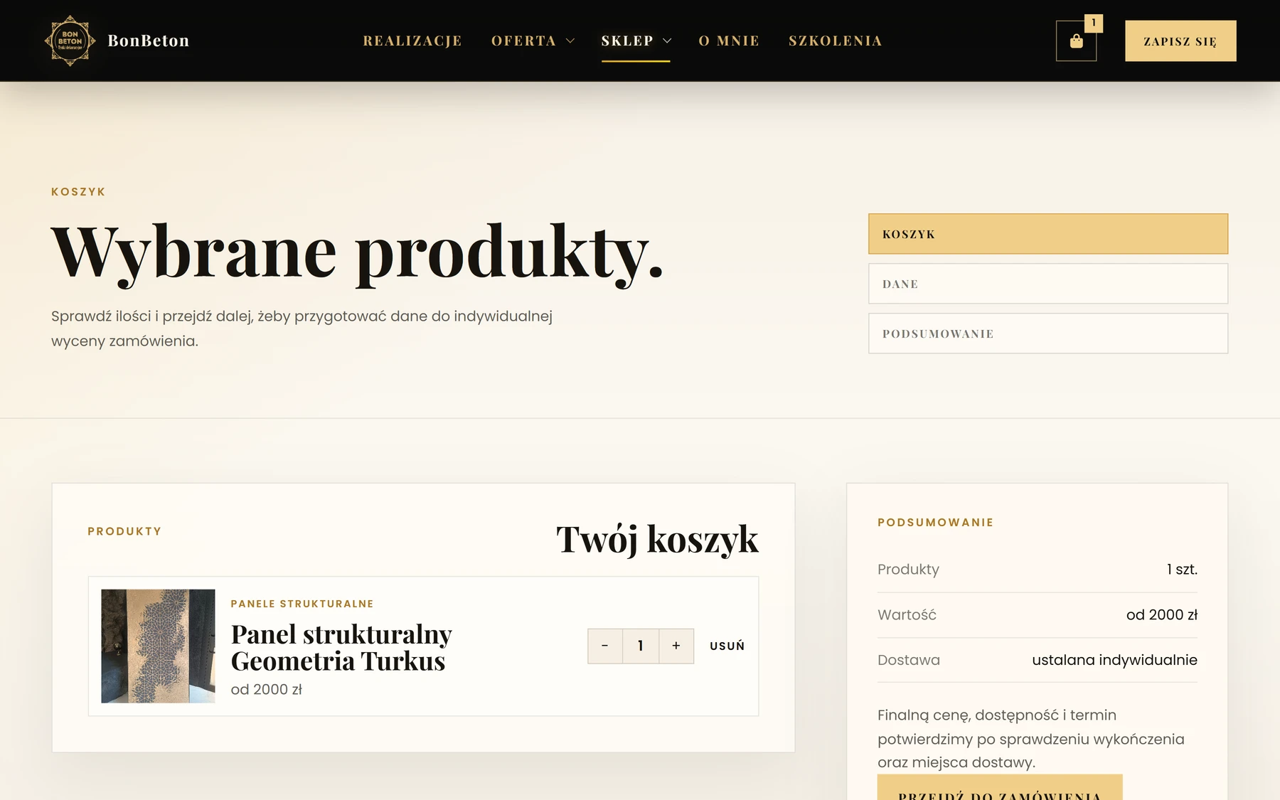 BonBeton — koszyk z produktem na desktopie