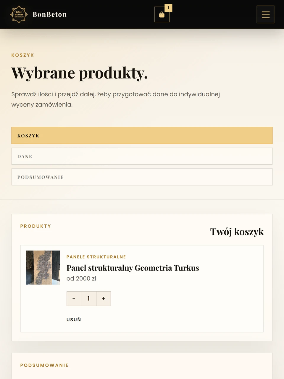 BonBeton — koszyk z produktem na tablecie
