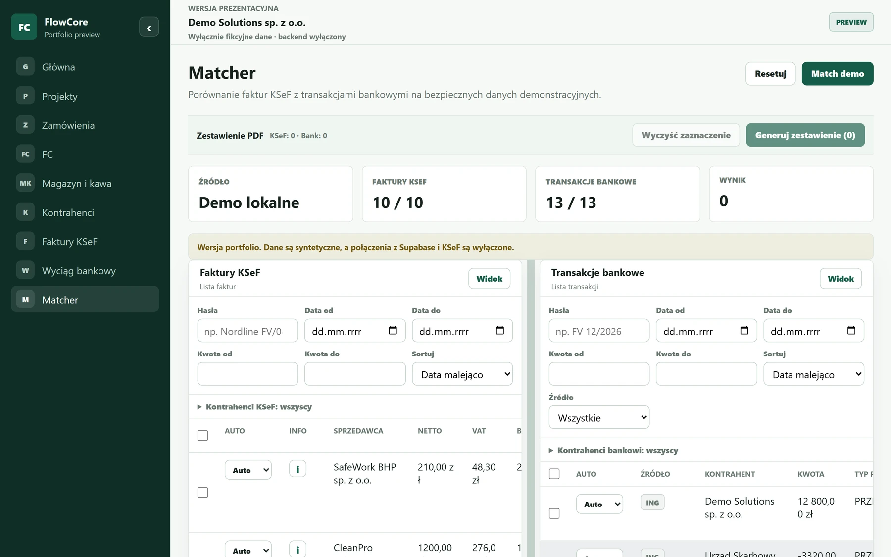 FlowCore — Matcher: porównanie faktur KSeF z bankiem na desktopie