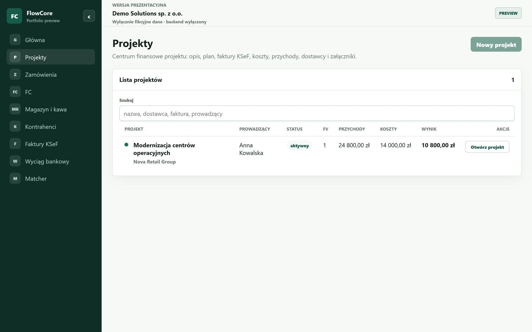 FlowCore — lista projektów na desktopie