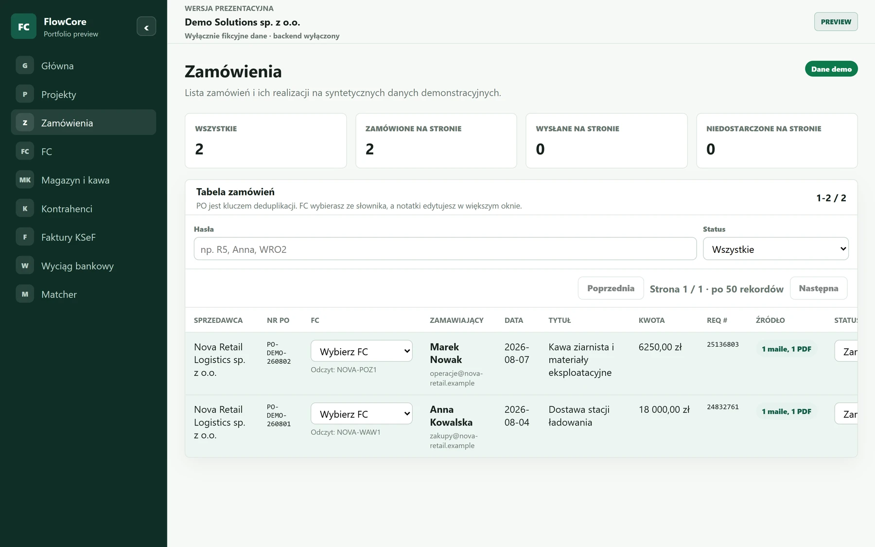 FlowCore — zamówienia i statusy na desktopie