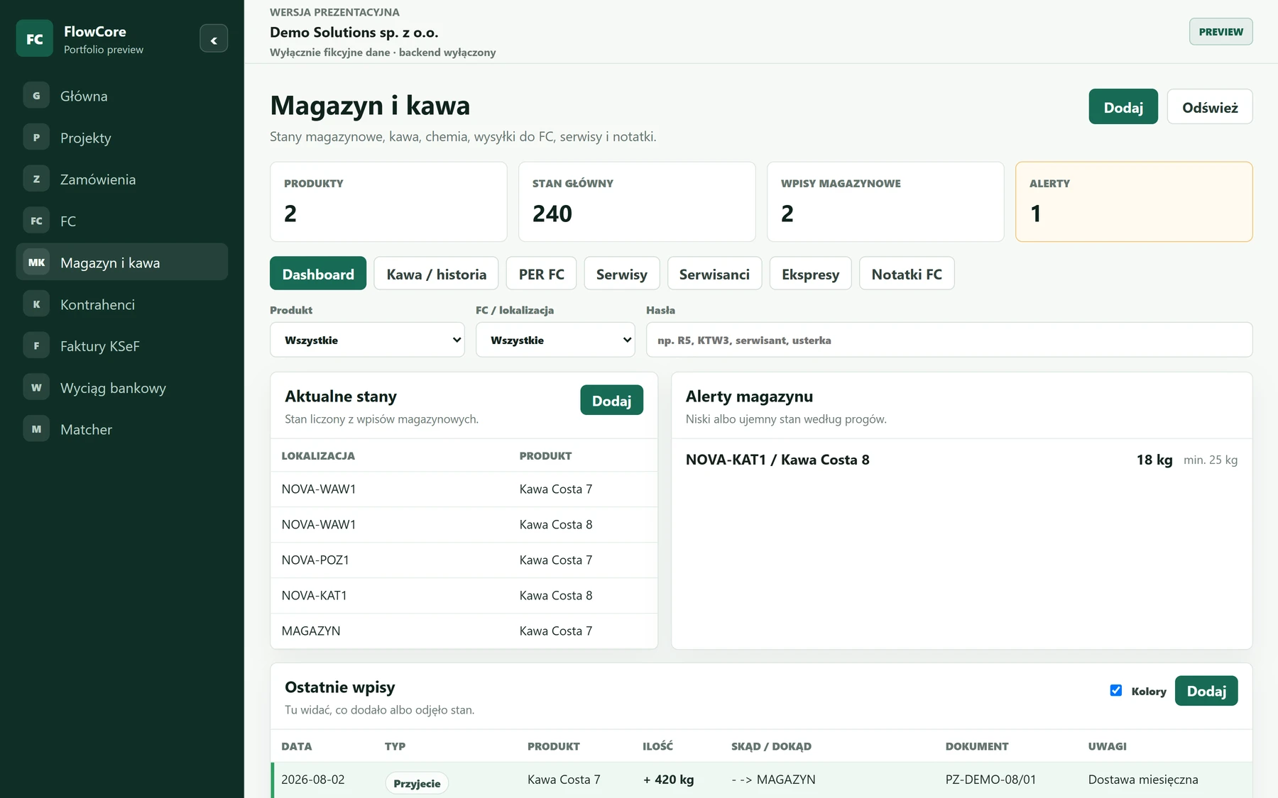 FlowCore — magazyn i kawa na desktopie