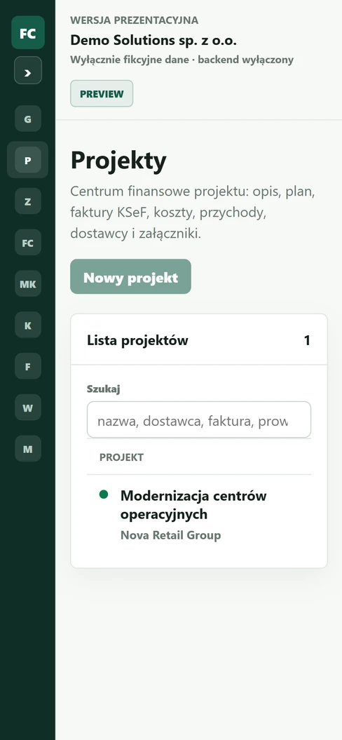 FlowCore — lista projektów na telefonie