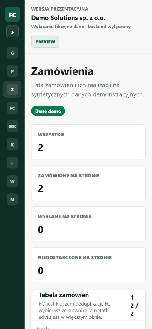 FlowCore — zamówienia i statusy na telefonie