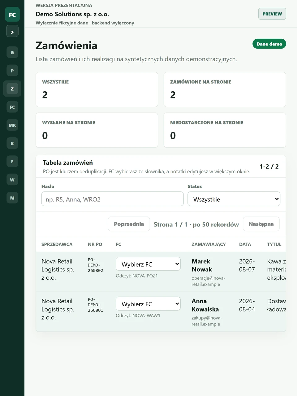 FlowCore — zamówienia i statusy na tablecie