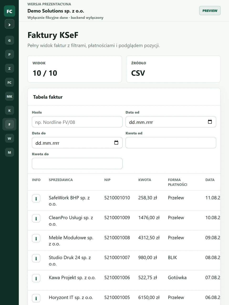 FlowCore — faktury KSeF na tablecie