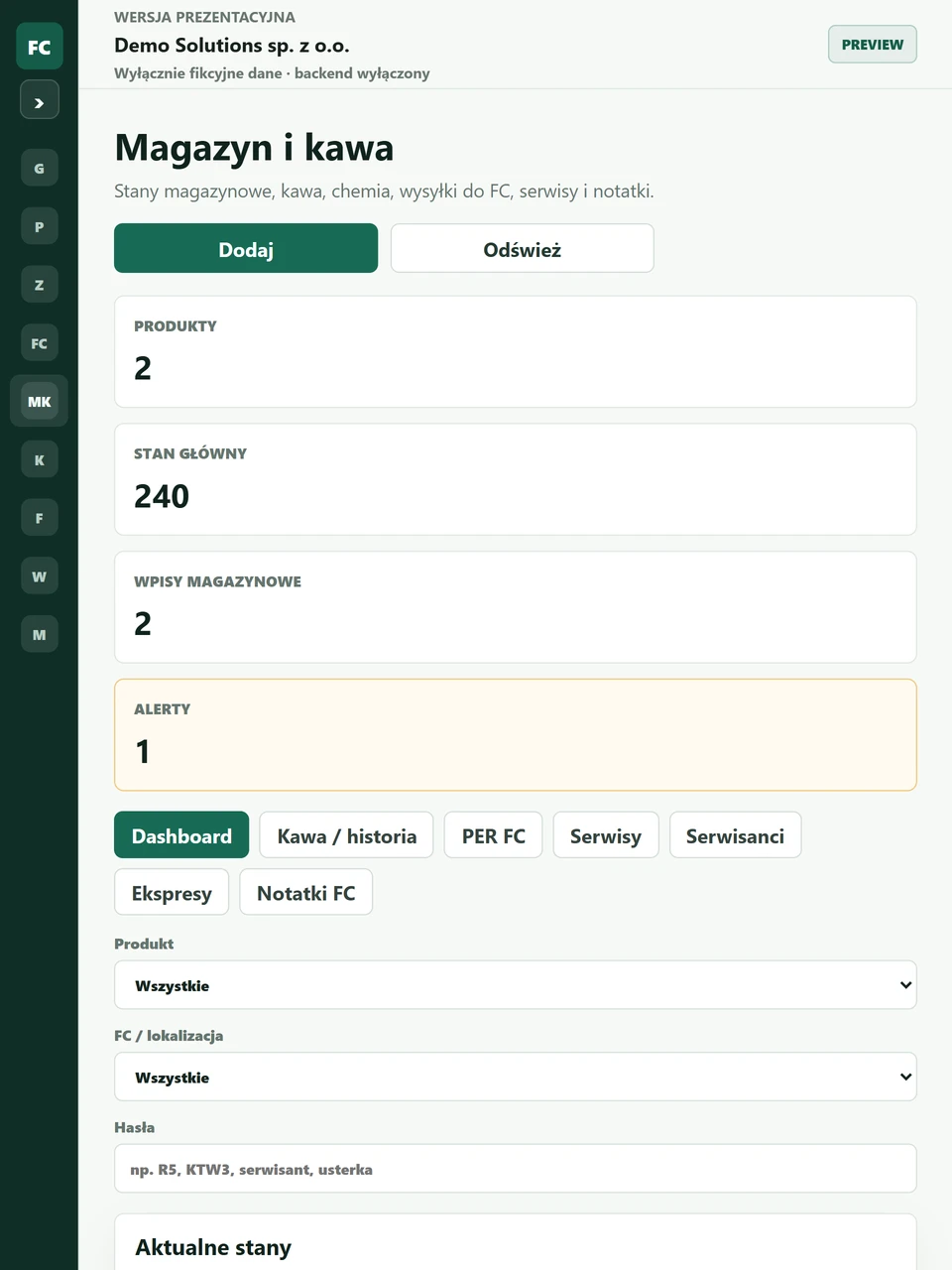FlowCore — magazyn i kawa na tablecie