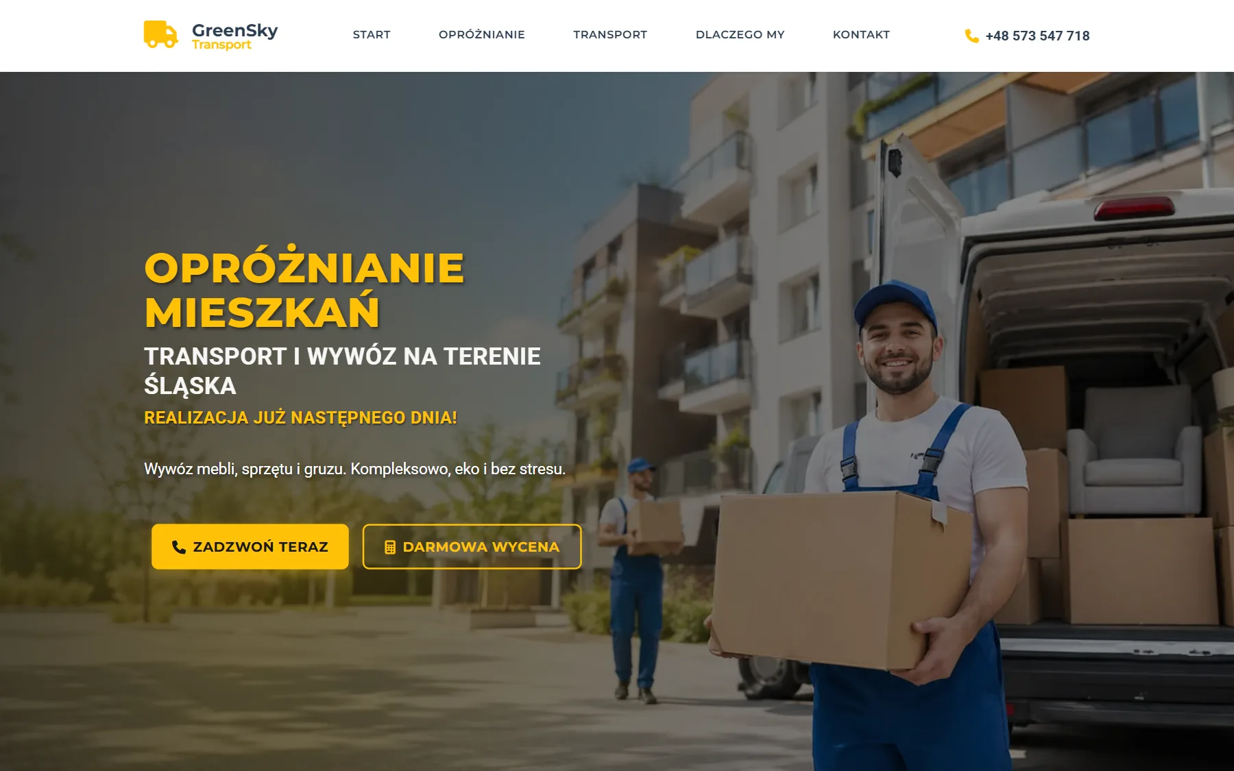 GreenSky Transport — strona główna, hero na desktopie