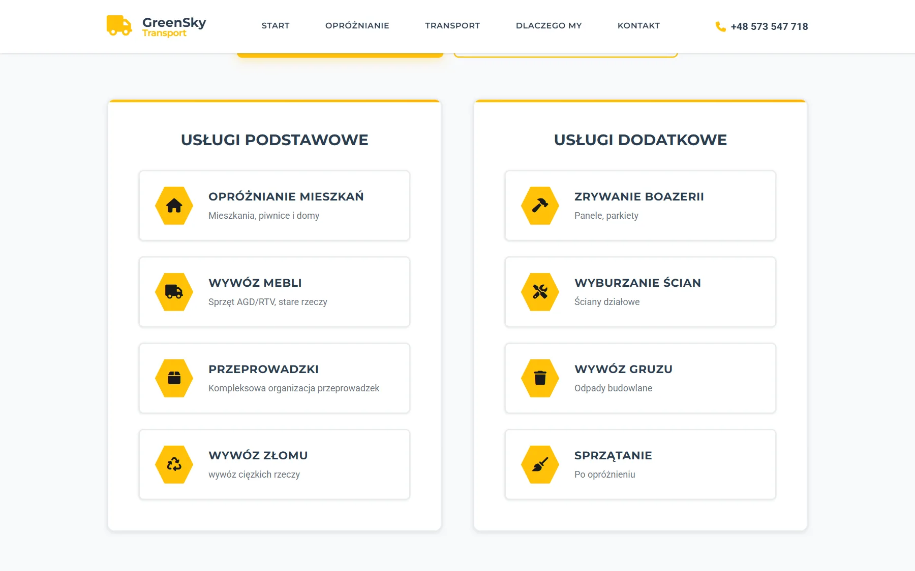 GreenSky Transport — sekcja usług na desktopie