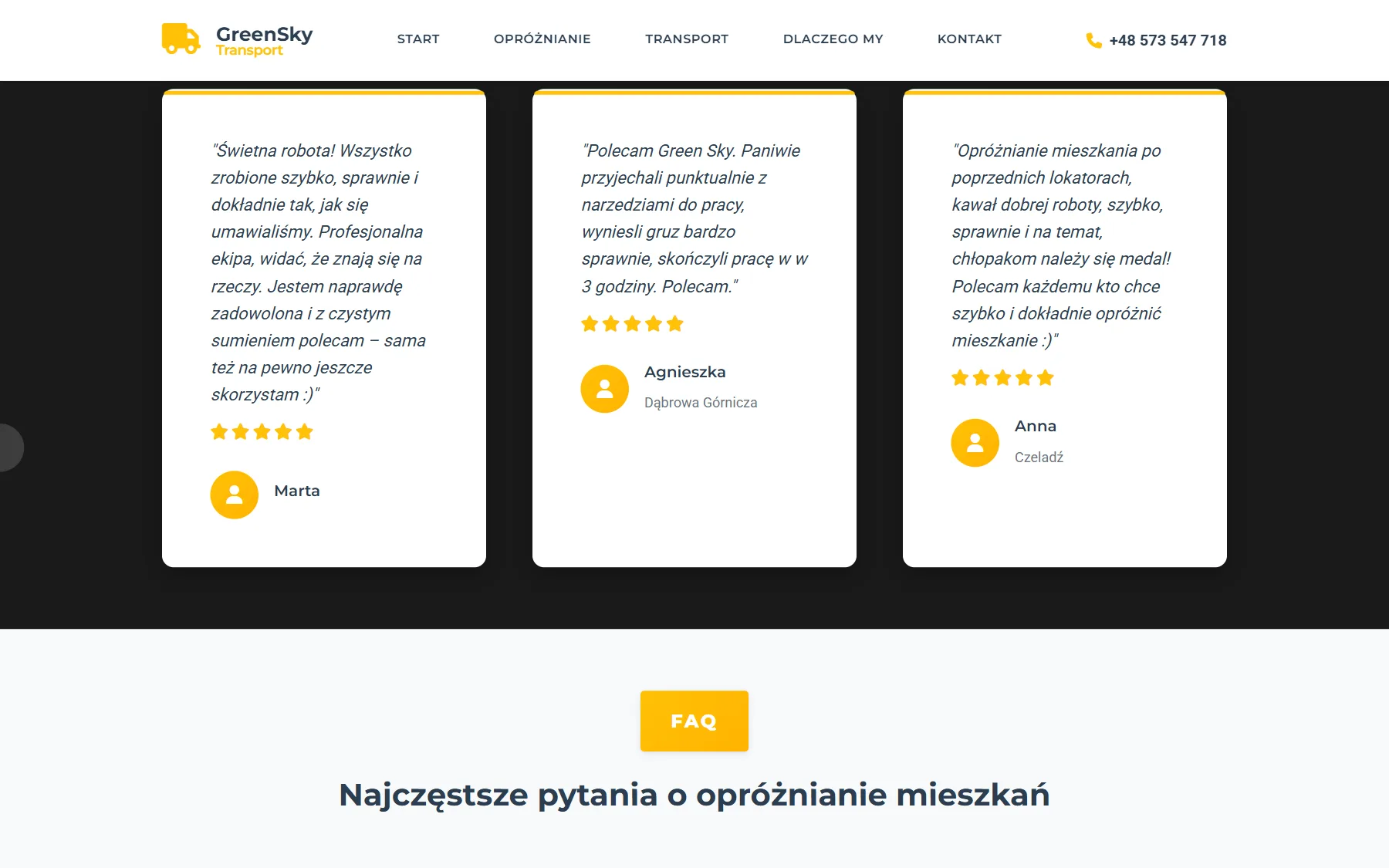GreenSky Transport — opinie klientów na desktopie