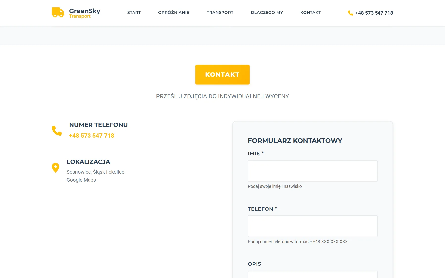 GreenSky Transport — formularz kontaktowy na desktopie