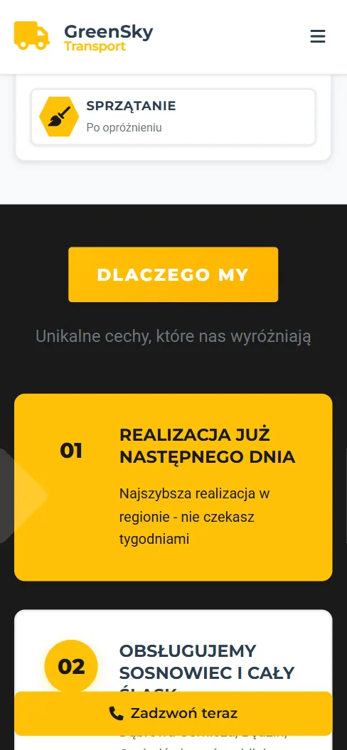 GreenSky Transport — sekcja usług na telefonie