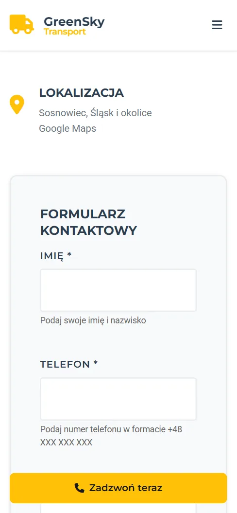 GreenSky Transport — formularz kontaktowy na telefonie