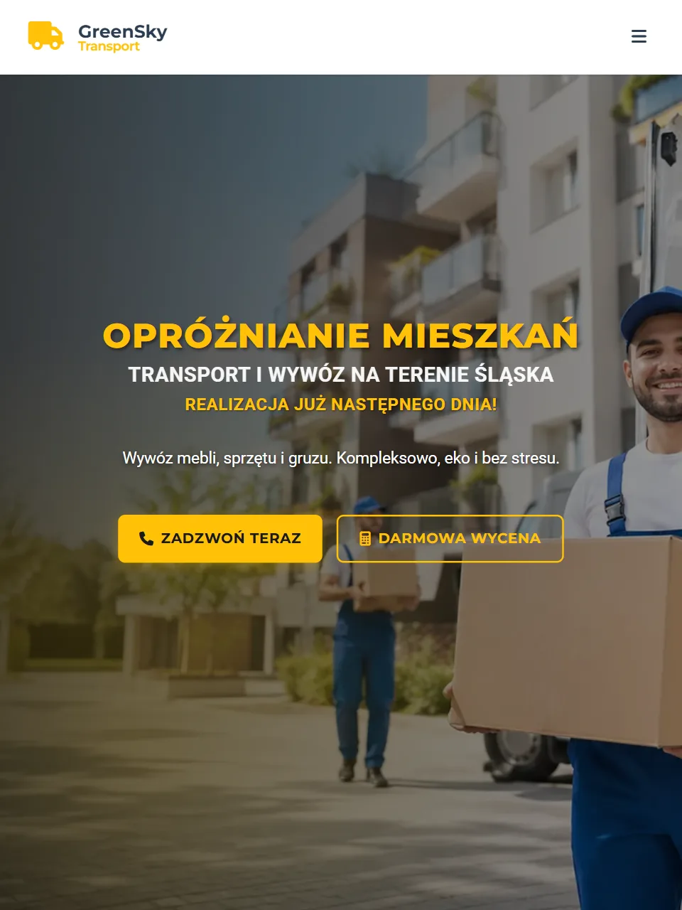 GreenSky Transport — strona główna, hero na tablecie