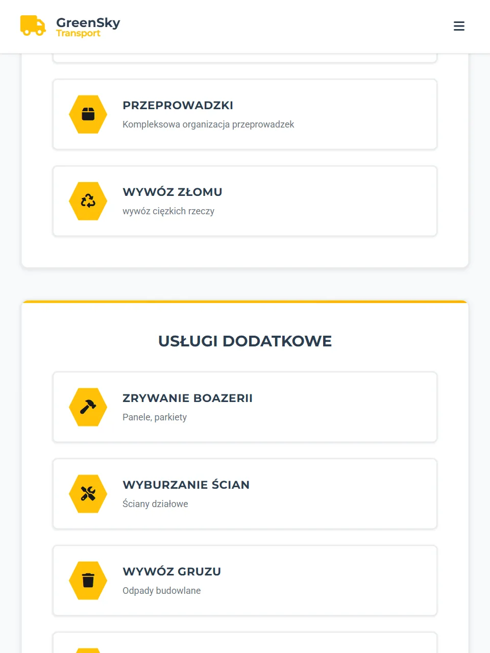 GreenSky Transport — sekcja usług na tablecie
