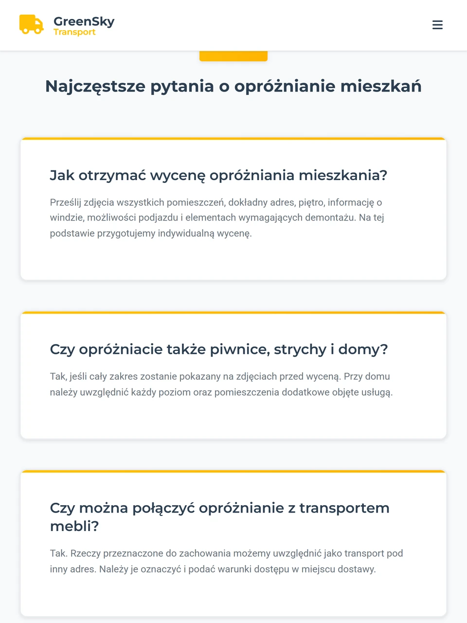 GreenSky Transport — najczęstsze pytania (FAQ) na tablecie