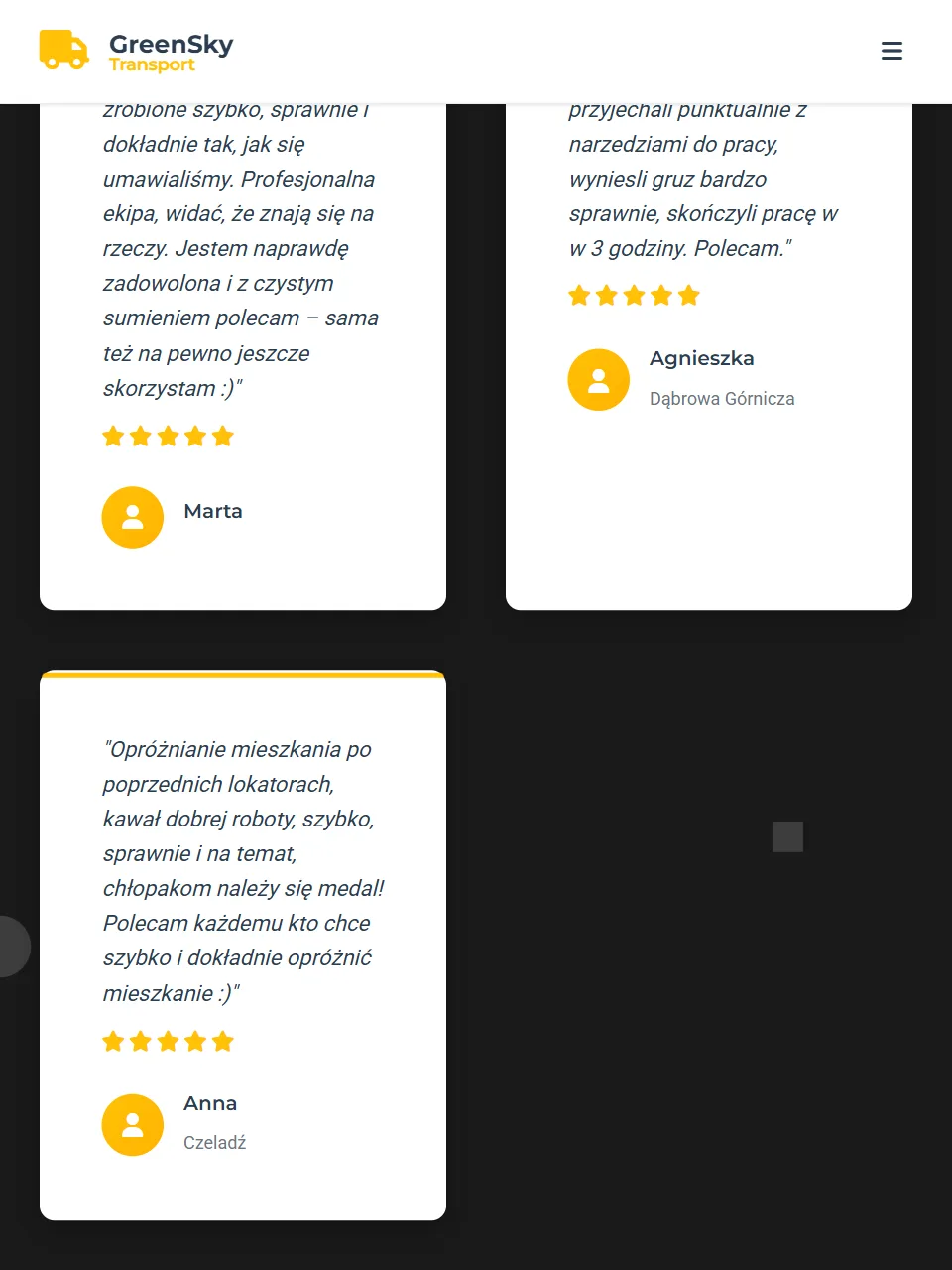 GreenSky Transport — opinie klientów na tablecie