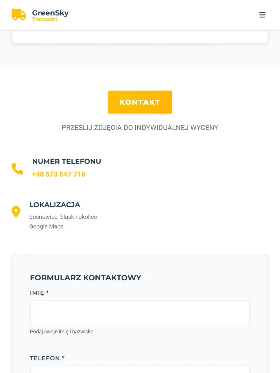 GreenSky Transport — formularz kontaktowy na tablecie