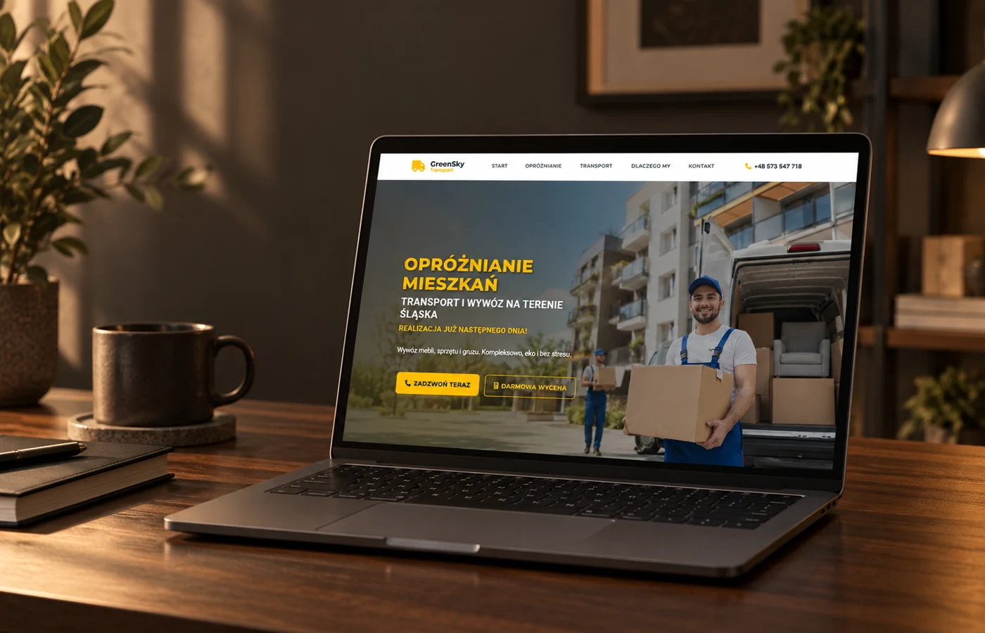 Strona GreenSky Transport pokazana na ekranie laptopa