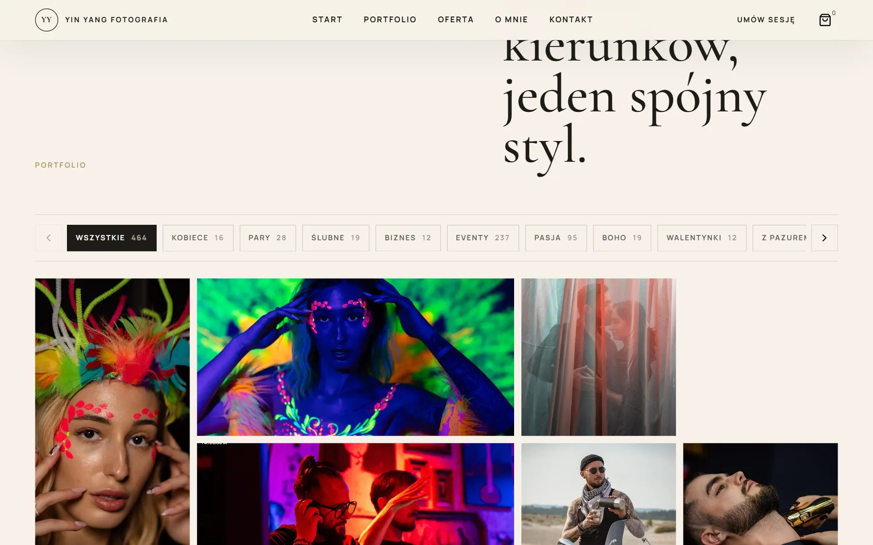 Yin Yang Fotografia — sekcja portfolio na stronie głównej na desktopie